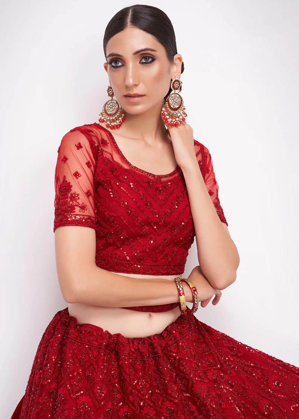 Tempting Cherry Red Cording Designer Wedding Bridal Lehenga Choli - Image 2