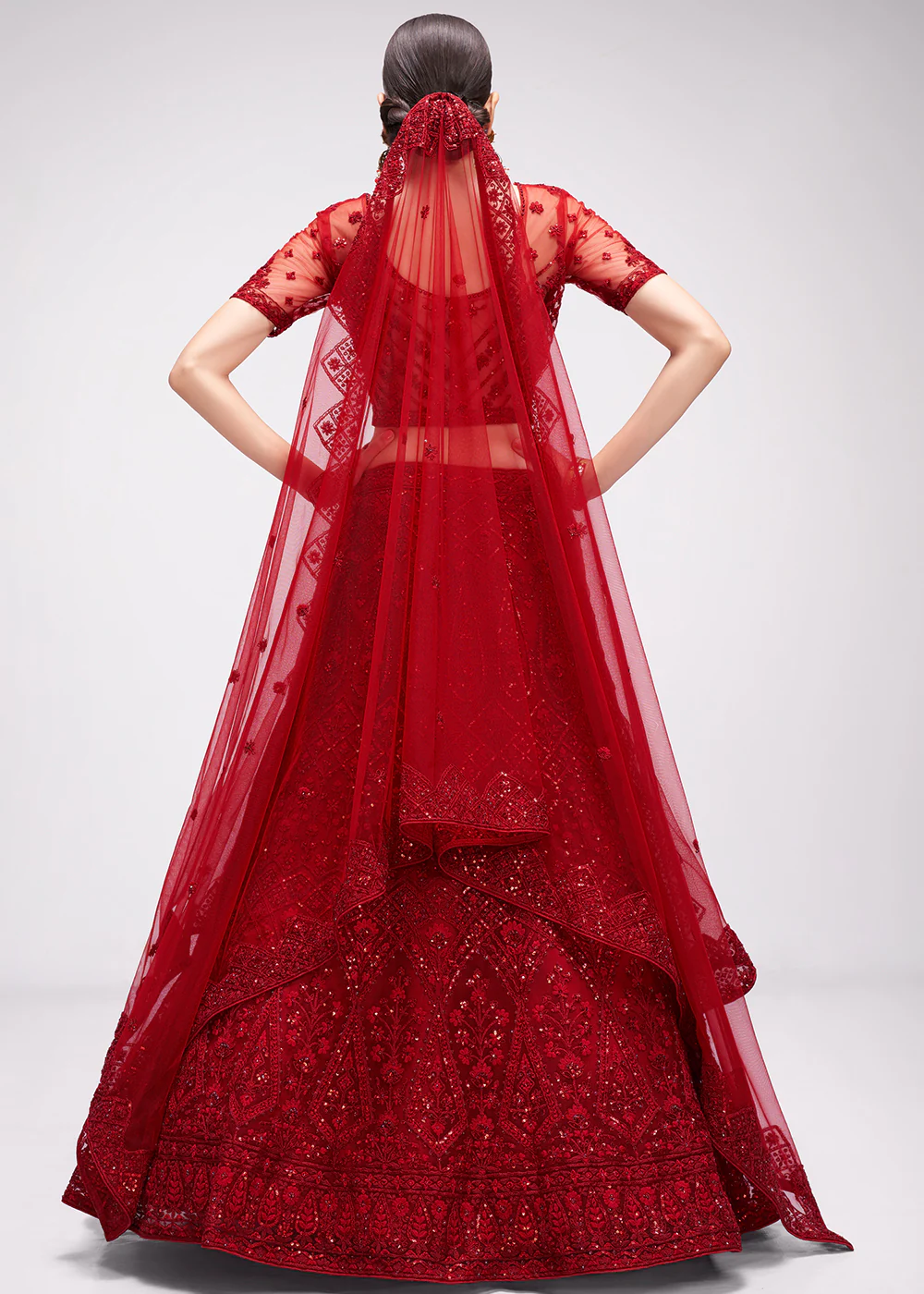 Tempting Cherry Red Cording Designer Wedding Bridal Lehenga Choli - Image 3