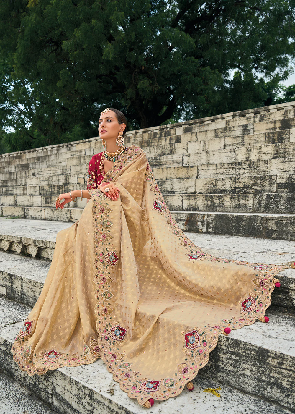 Tempting Chiku Kanjivaram Silk Designer Traditional Saree - Image 4