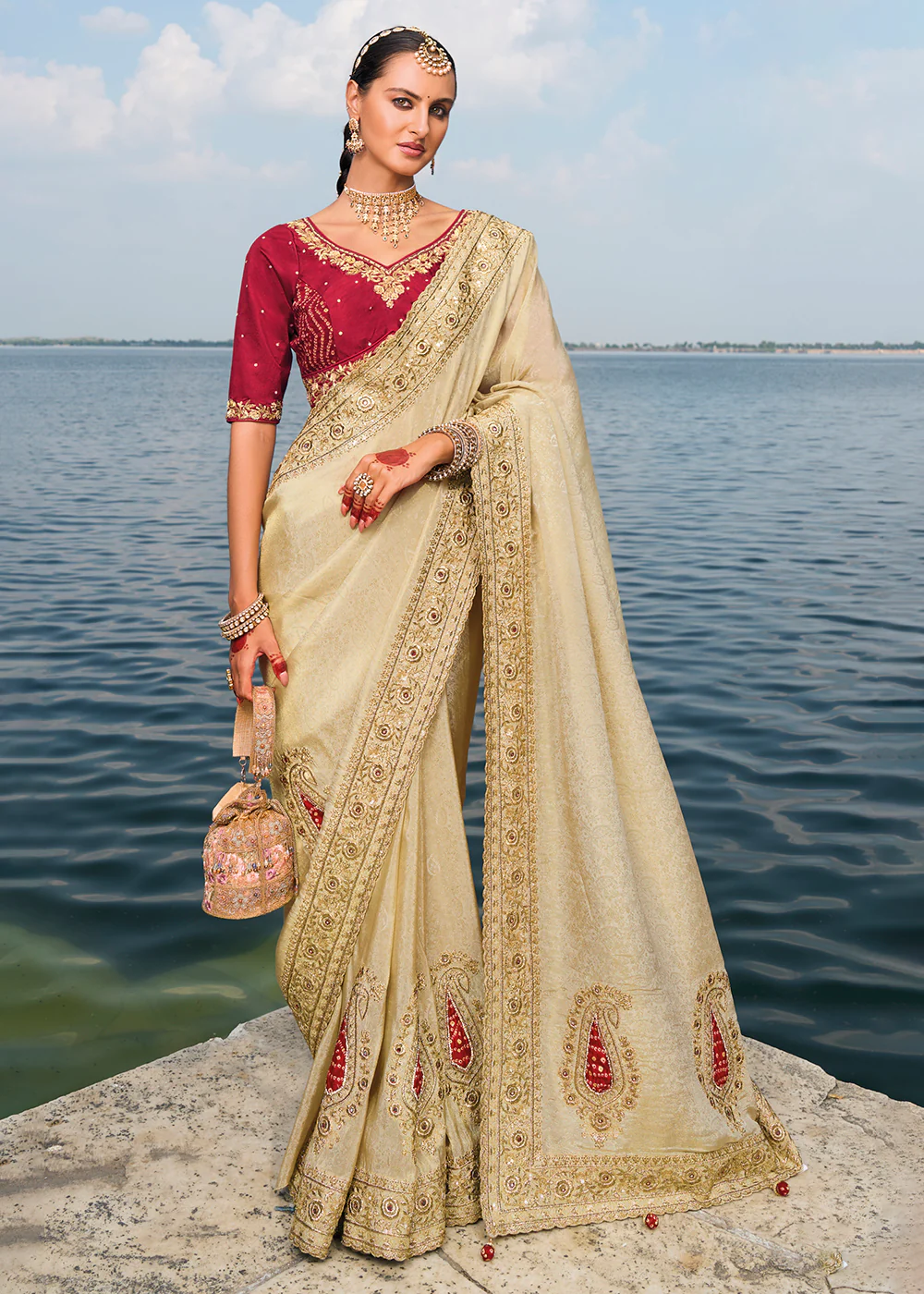 Tempting Cream Crape Jacquard Designer Traditional Saree