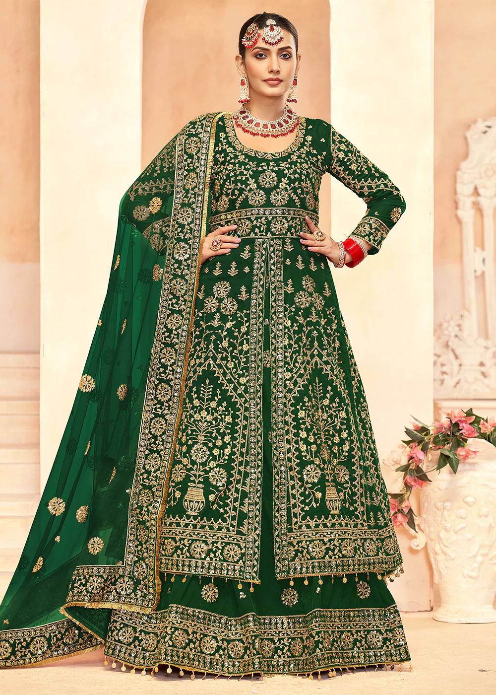 Tempting Green Anarkali Style Velvet Wedding Lehenga Choli