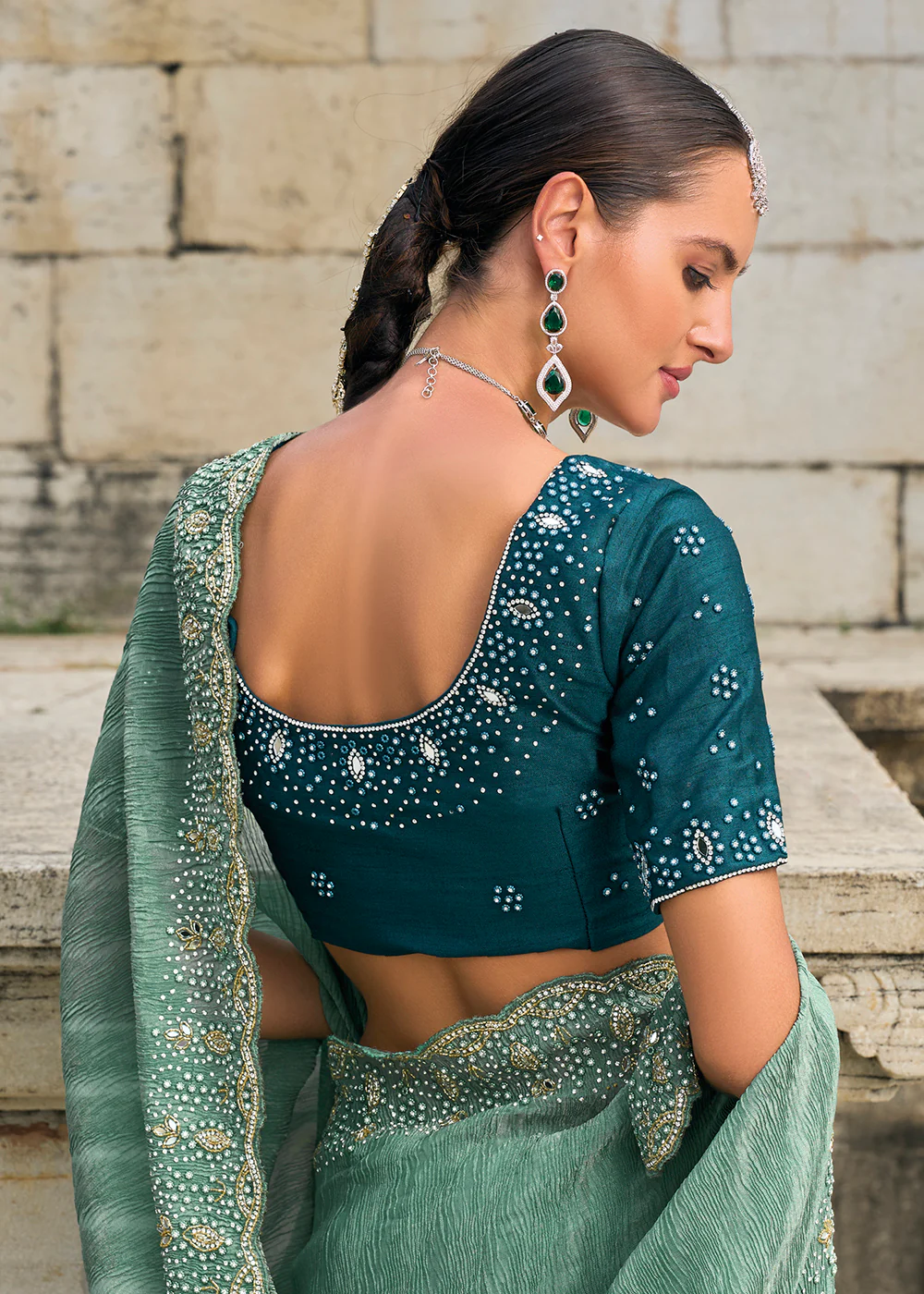 Tempting Green Crush Tissue Designer Traditional Saree - Image 3