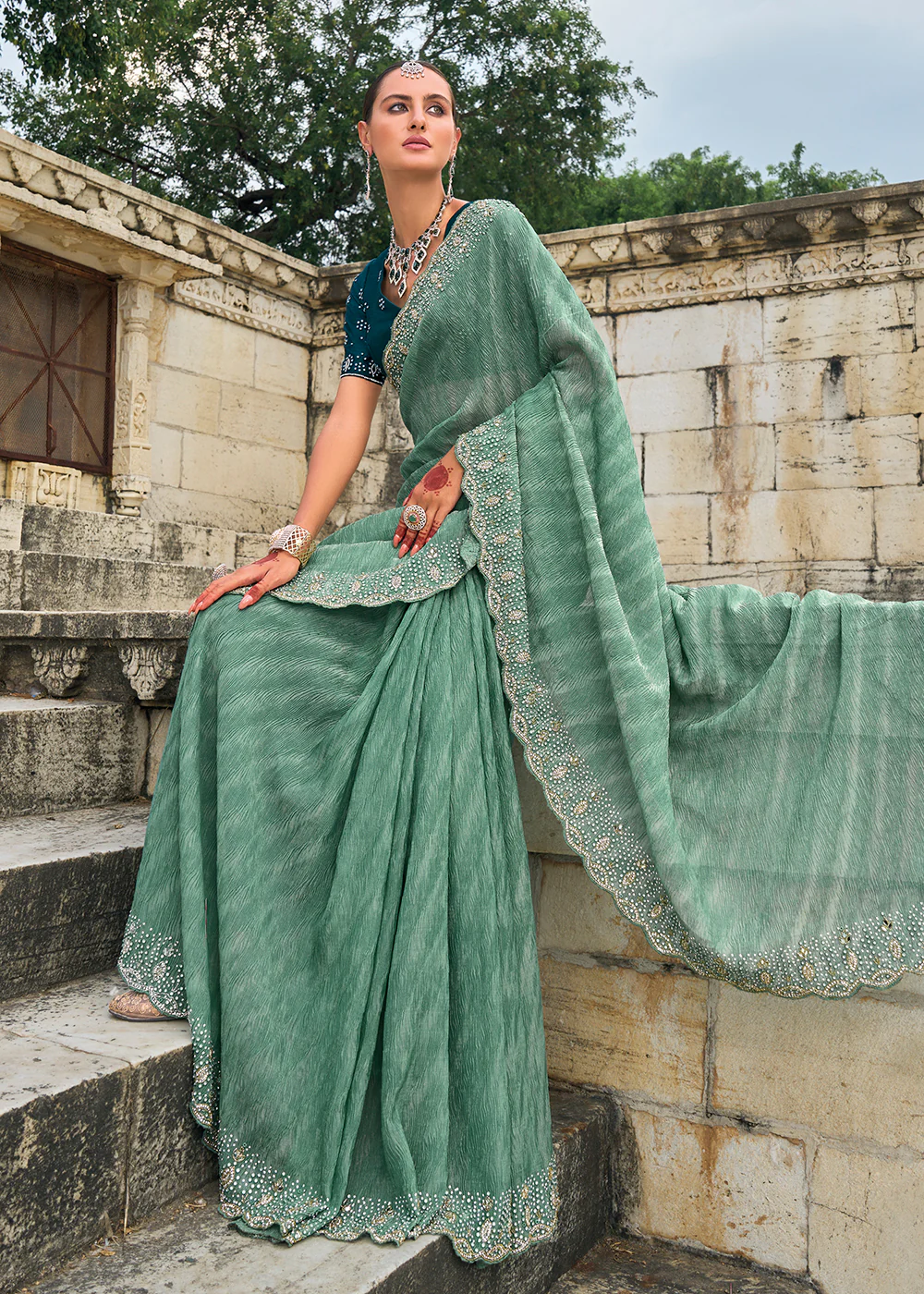 Tempting Green Crush Tissue Designer Traditional Saree - Image 4