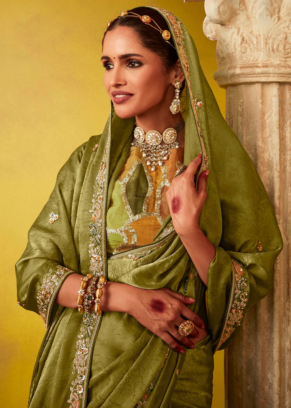 Tempting Green & Mustard Fancy Silk Festive Wear Saree - Image 2