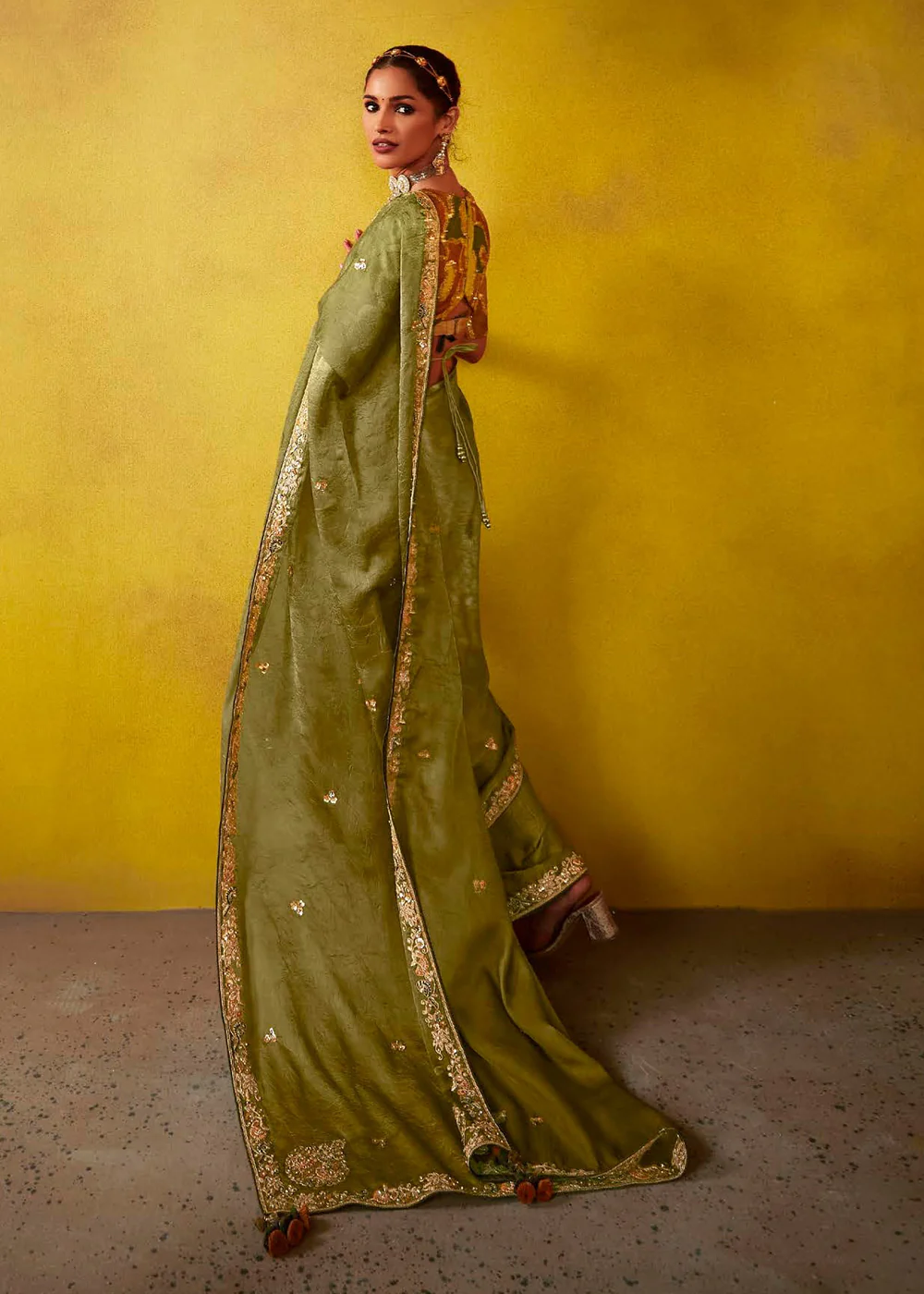 Tempting Green & Mustard Fancy Silk Festive Wear Saree - Image 3