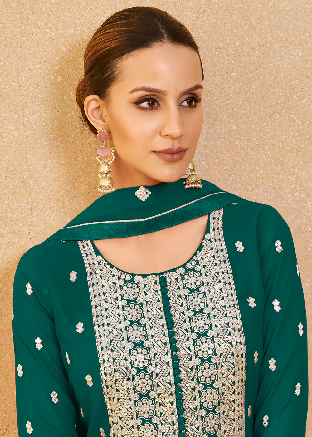 Tempting Green Real Georgette Palazzo Style Salwar Suit - Image 2