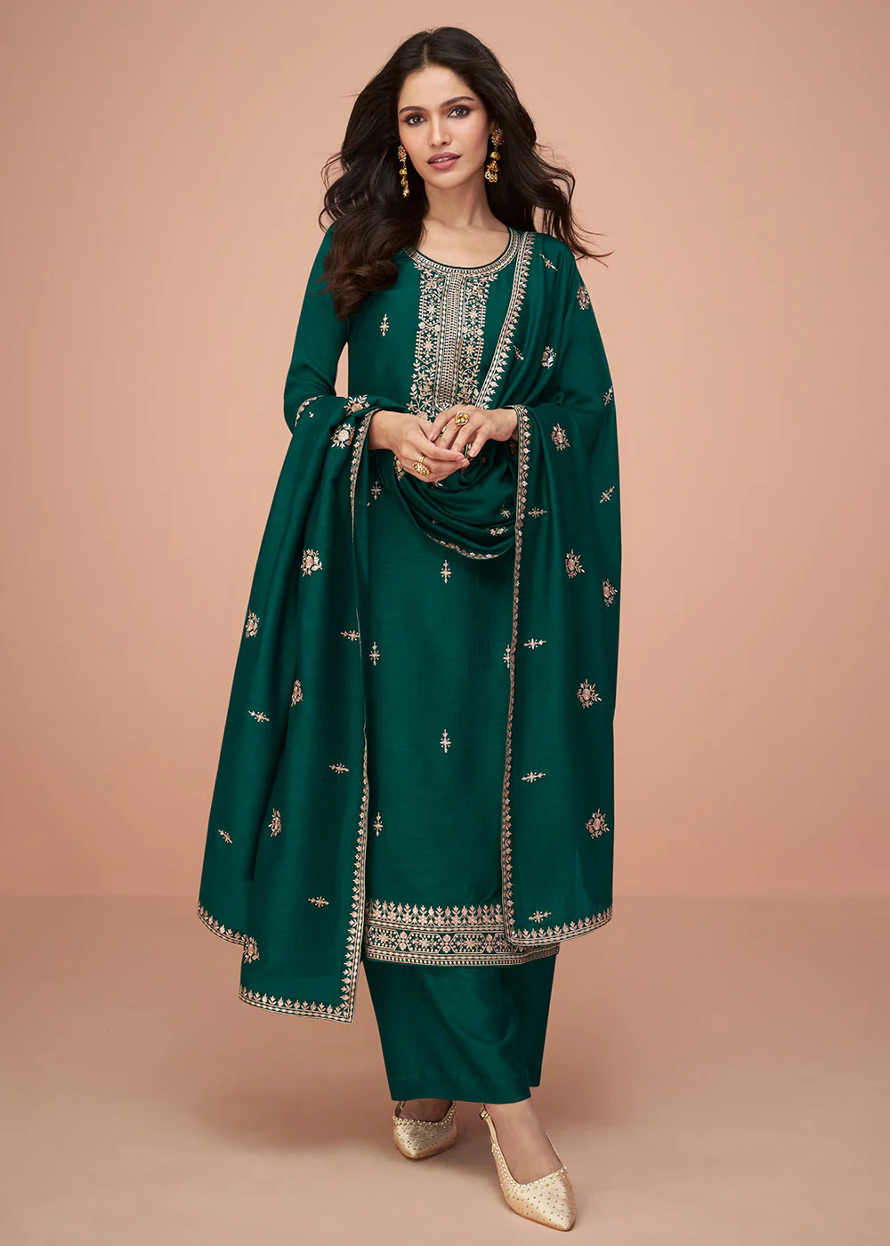 Tempting Green Silk Embroidered Palazzo Salwar Suit - Image 3