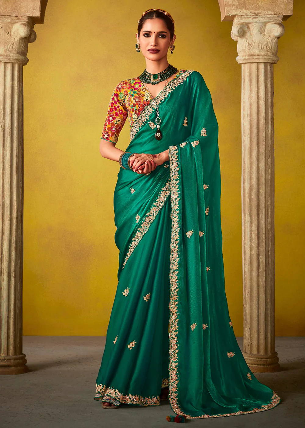 Tempting Green & Yellow Fancy Silk Festive Wear Saree