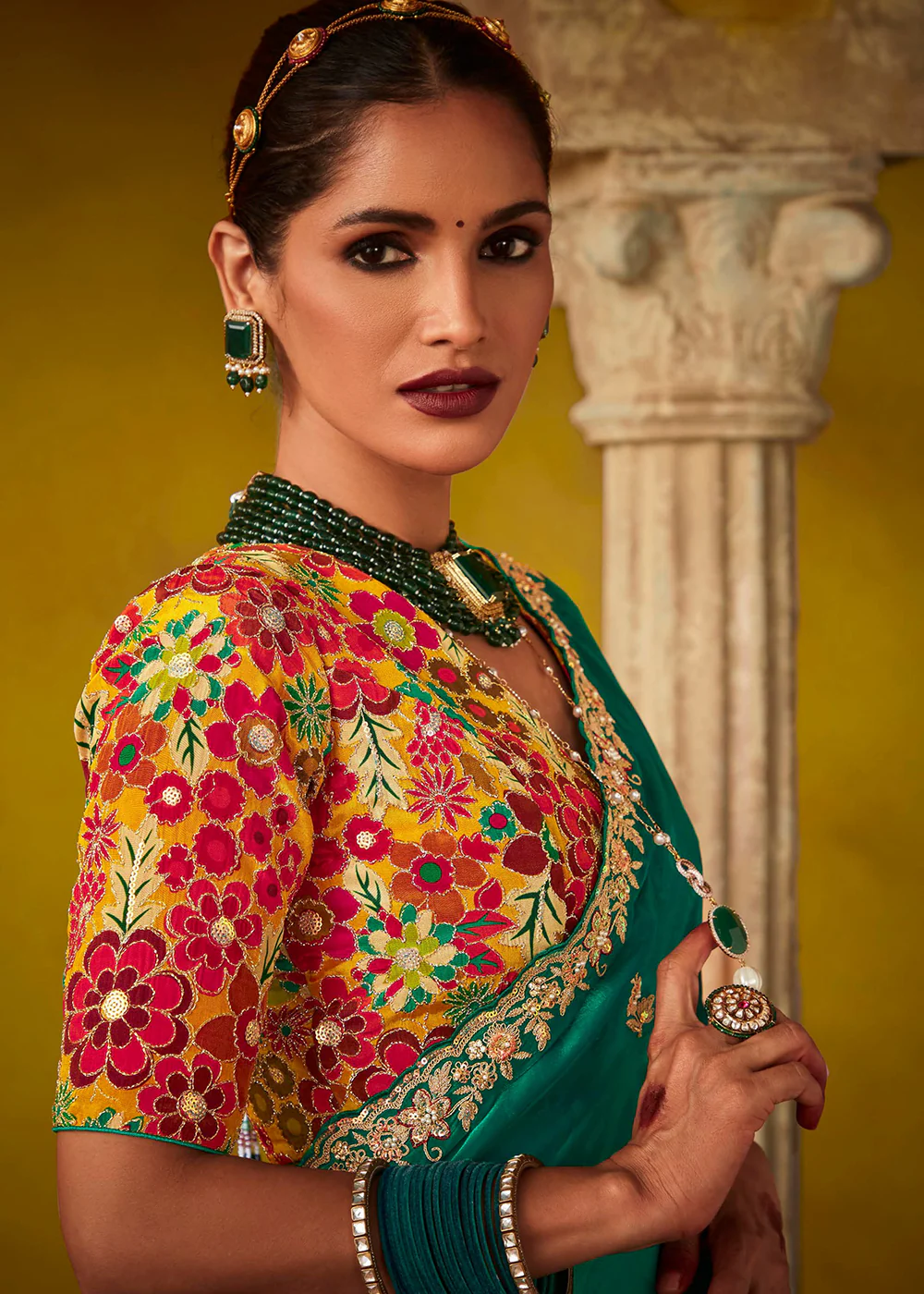 Tempting Green & Yellow Fancy Silk Festive Wear Saree - Image 2