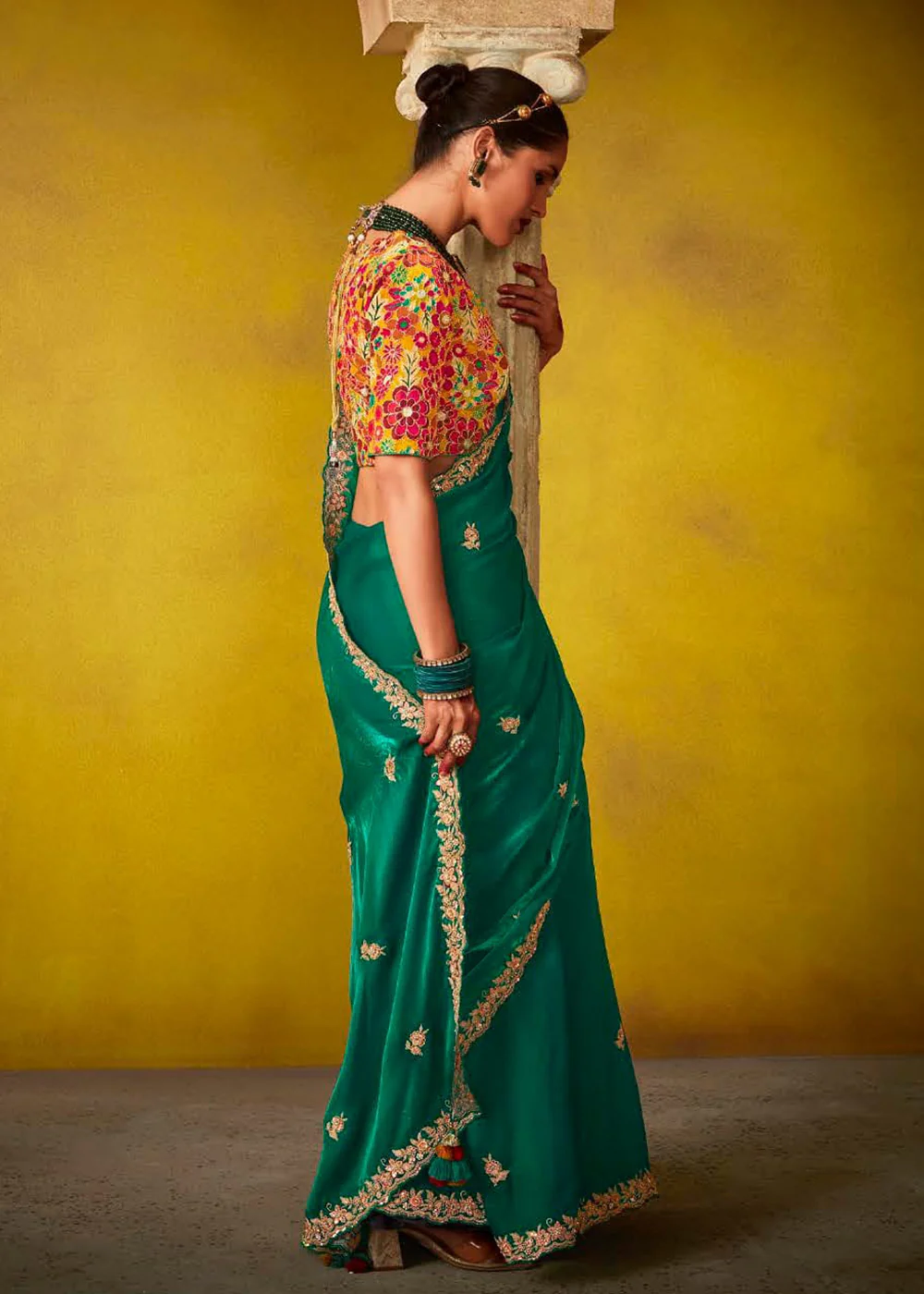 Tempting Green & Yellow Fancy Silk Festive Wear Saree - Image 4