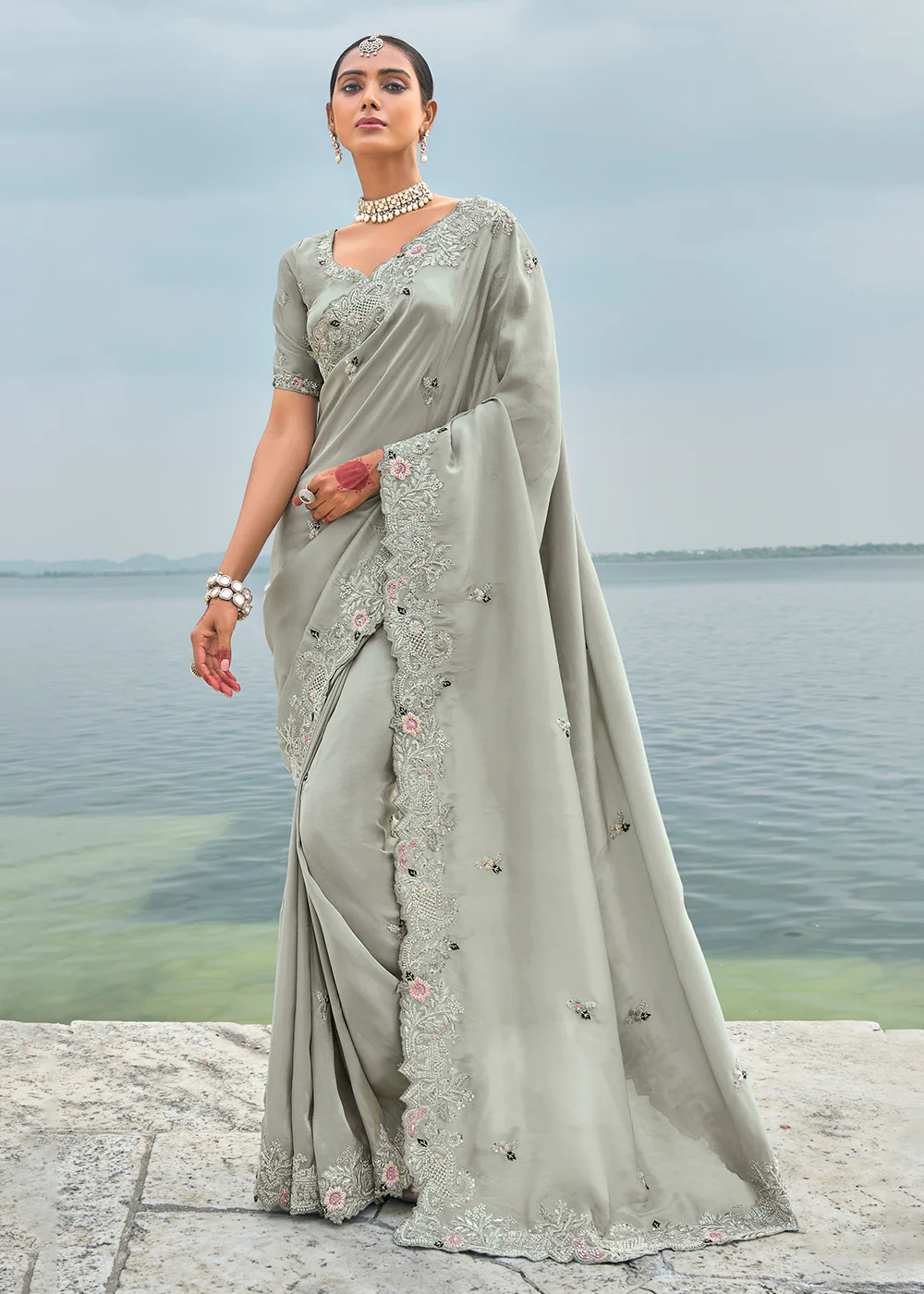 Tempting Grey Banarasi Silk Designer Traditional Saree