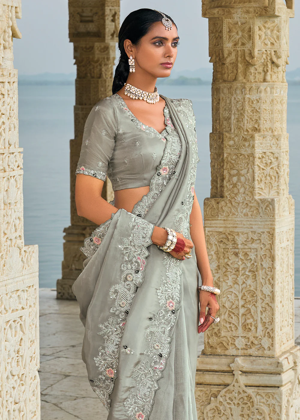Tempting Grey Banarasi Silk Designer Traditional Saree - Image 3