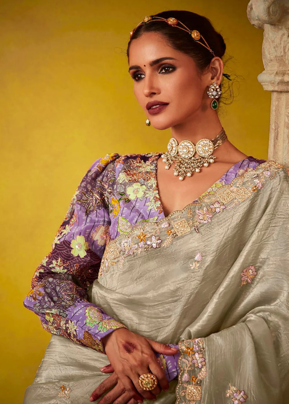 Tempting Grey & Purple Fancy Silk Festive Wear Saree - Image 2