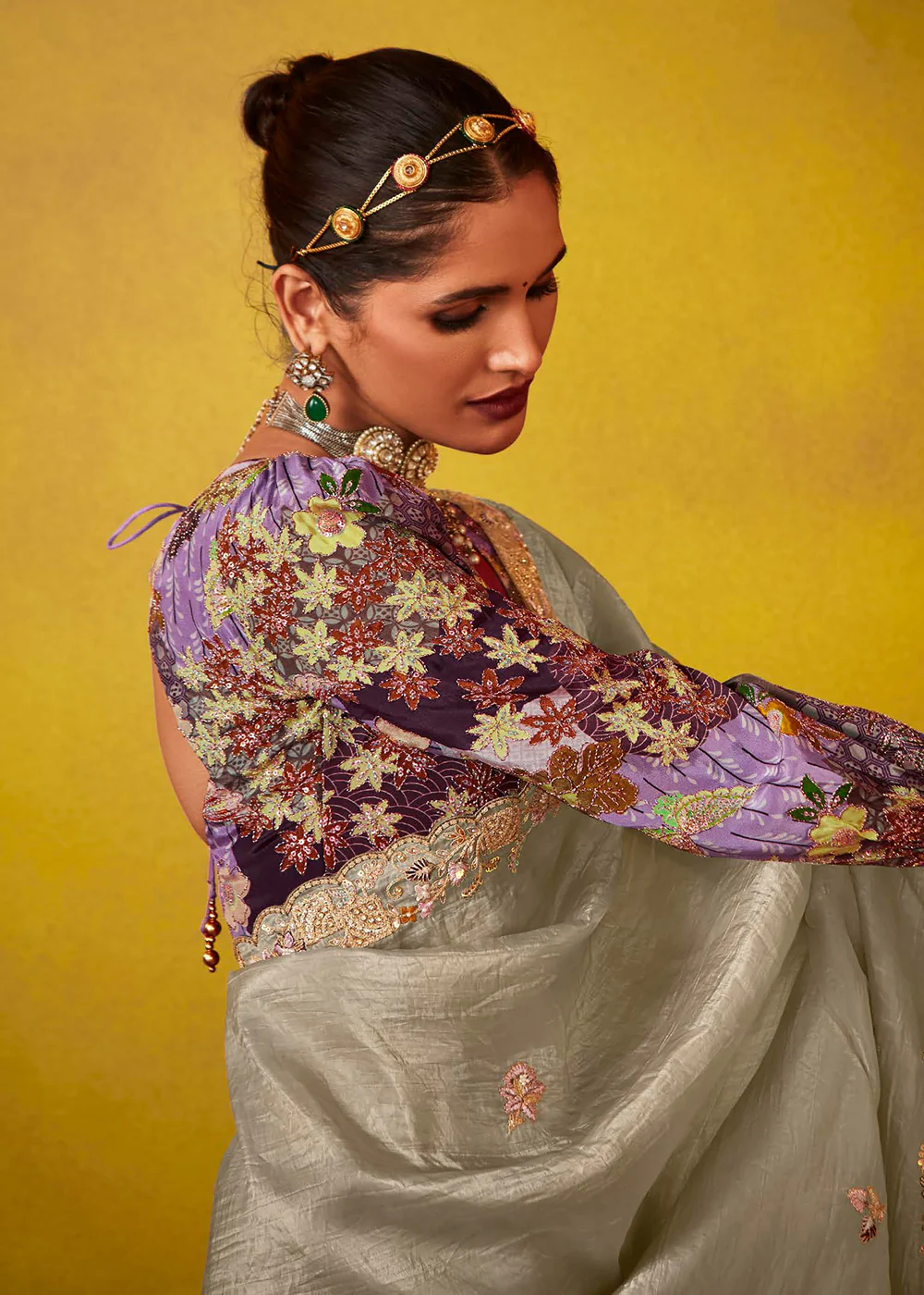 Tempting Grey & Purple Fancy Silk Festive Wear Saree - Image 3