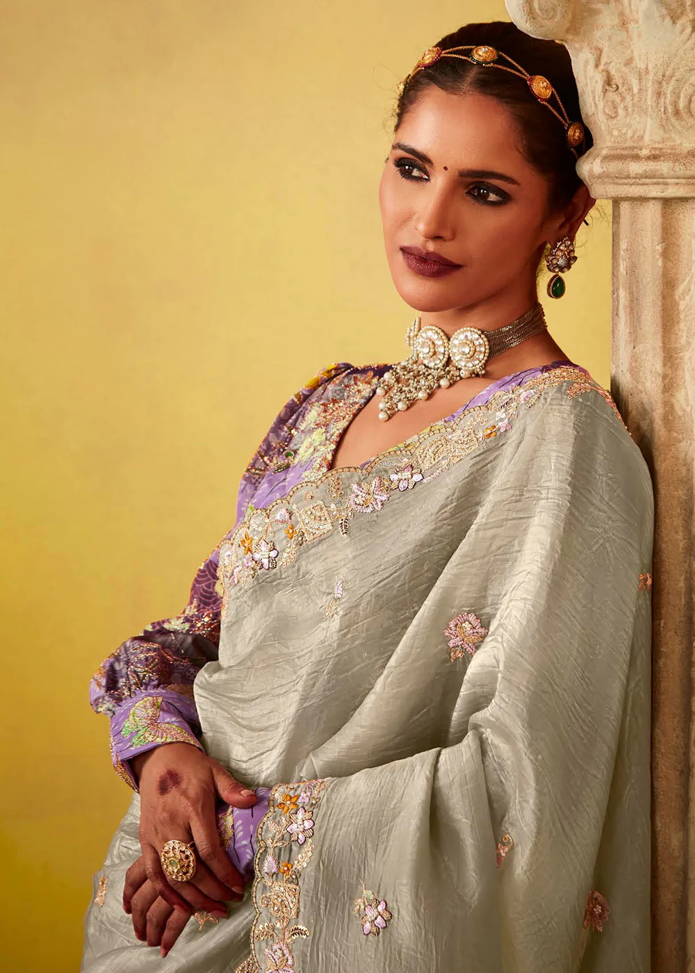 Tempting Grey & Purple Fancy Silk Festive Wear Saree - Image 4