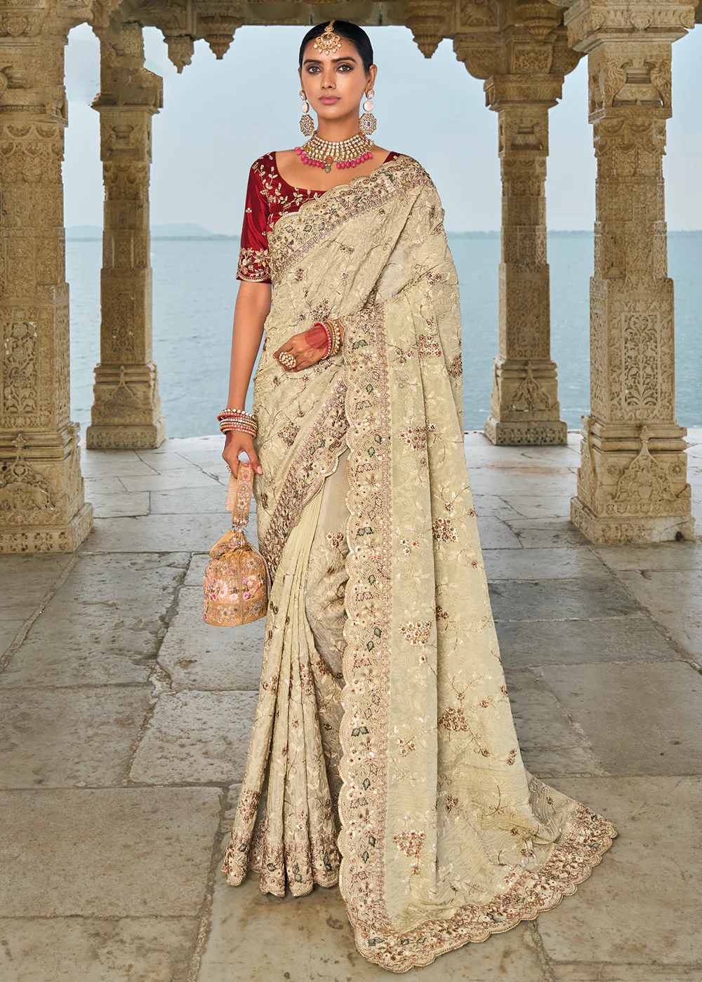 Tempting Ivory Banarasi Silk Designer Traditional Saree