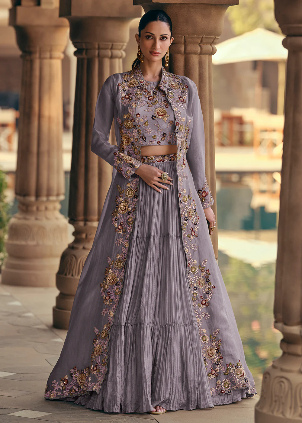 Tempting Lilac Embroidered Designer Indo Western Dress