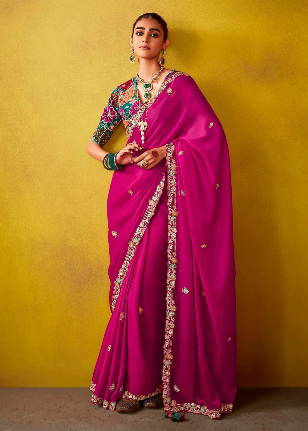 Tempting Magenta & Teal Fancy Silk Festive Wear Saree
