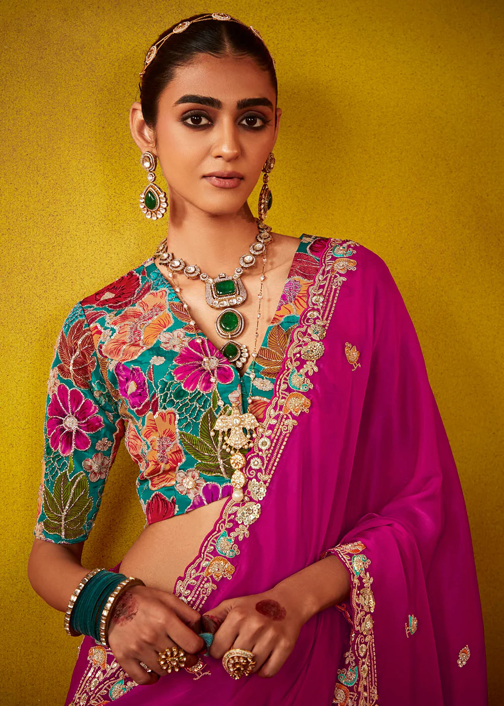 Tempting Magenta & Teal Fancy Silk Festive Wear Saree - Image 2