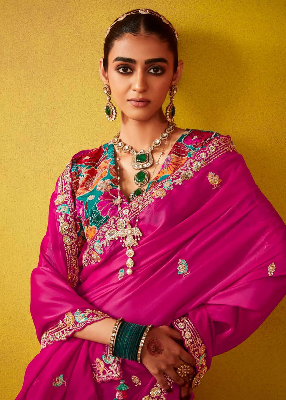 Tempting Magenta & Teal Fancy Silk Festive Wear Saree - Image 3
