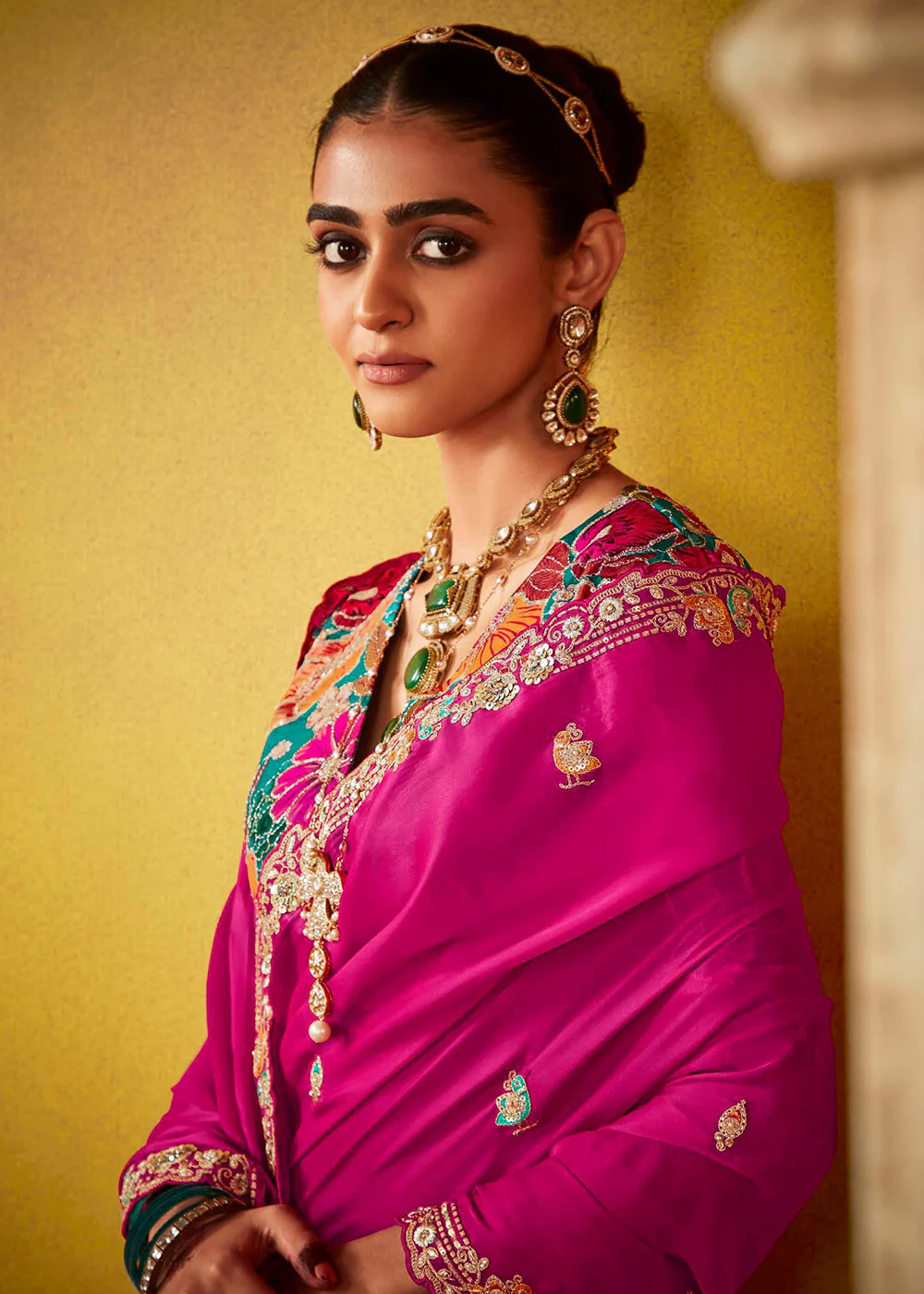 Tempting Magenta & Teal Fancy Silk Festive Wear Saree - Image 4
