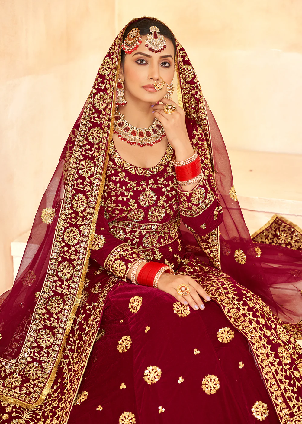 Tempting Maroon Anarkali Style Velvet Wedding Lehenga Choli - Image 2