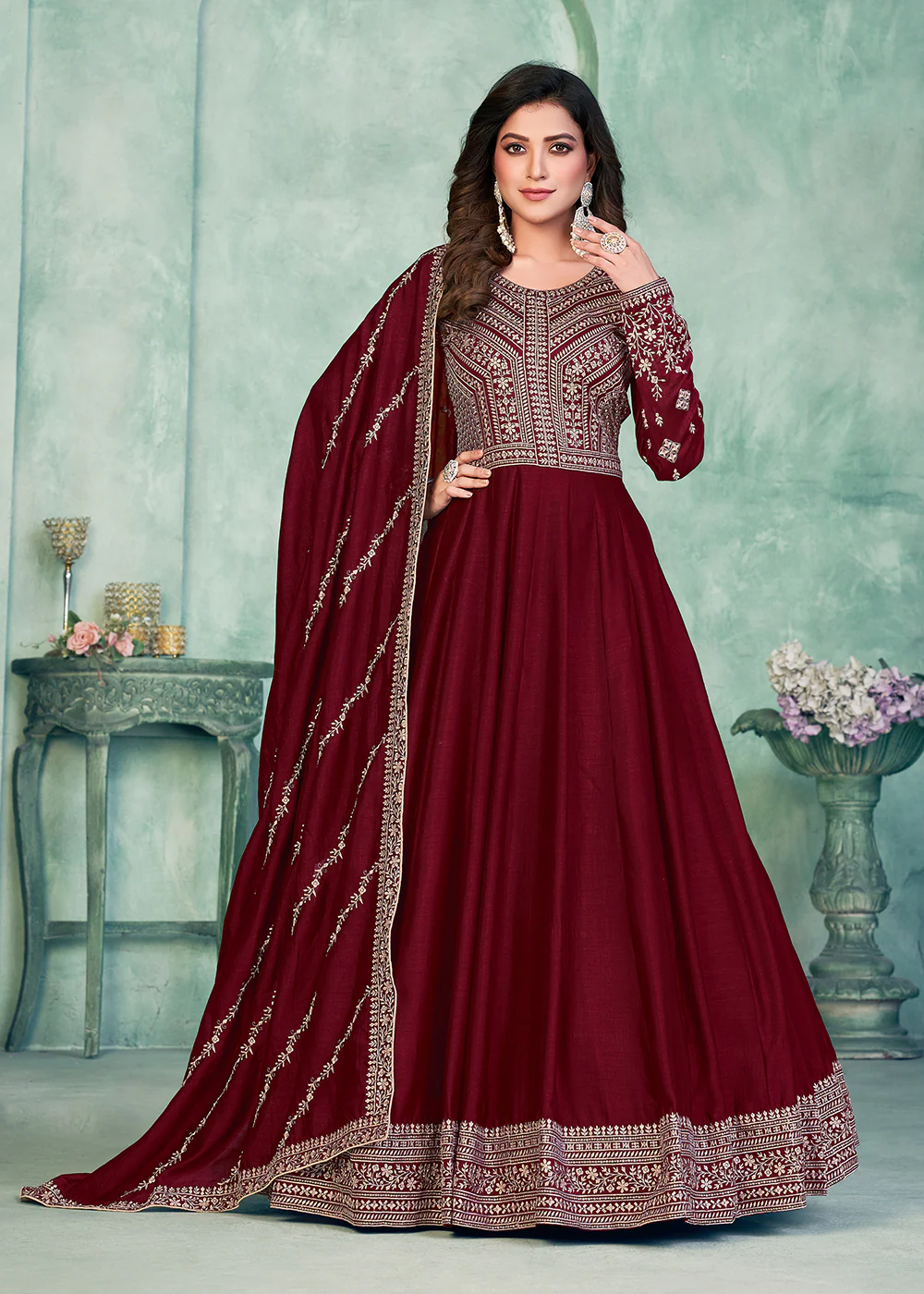 Tempting Maroon Art Silk Festive Style Anarkali Suit - Image 3