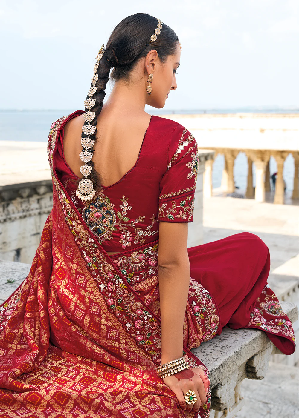 Tempting Maroon Bandhej Silk Designer Traditional Saree - Image 3