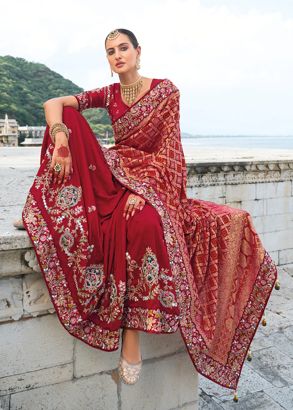 Tempting Maroon Bandhej Silk Designer Traditional Saree - Image 4