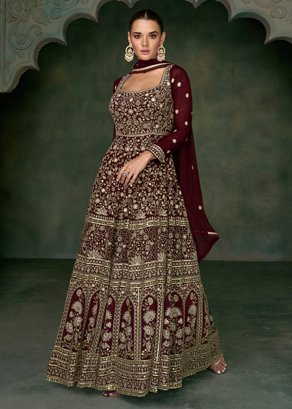 Tempting Maroon Georgette Embroidered Wedding Anarkali Suit