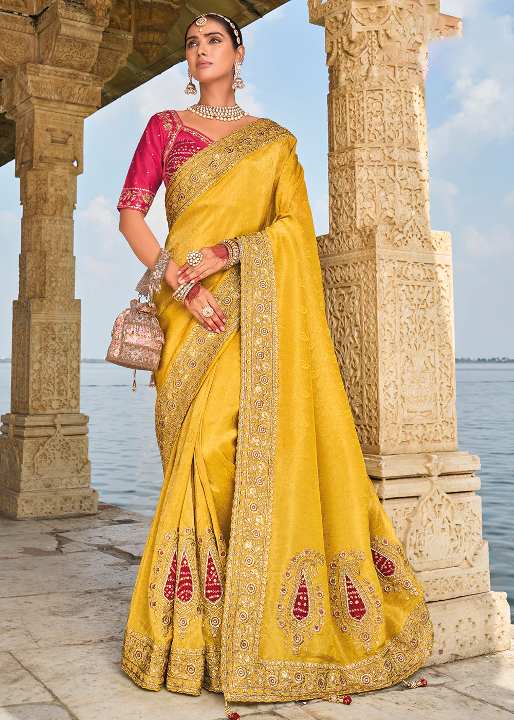 Tempting Mustard Crape Jacquard Designer Traditional Saree