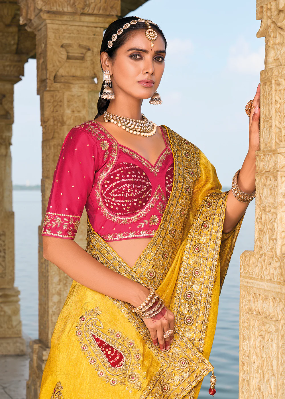 Tempting Mustard Crape Jacquard Designer Traditional Saree - Image 2