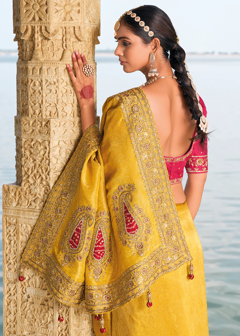Tempting Mustard Crape Jacquard Designer Traditional Saree - Image 3