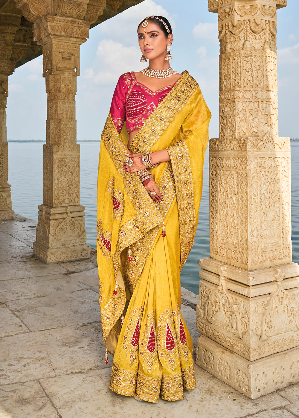 Tempting Mustard Crape Jacquard Designer Traditional Saree - Image 4