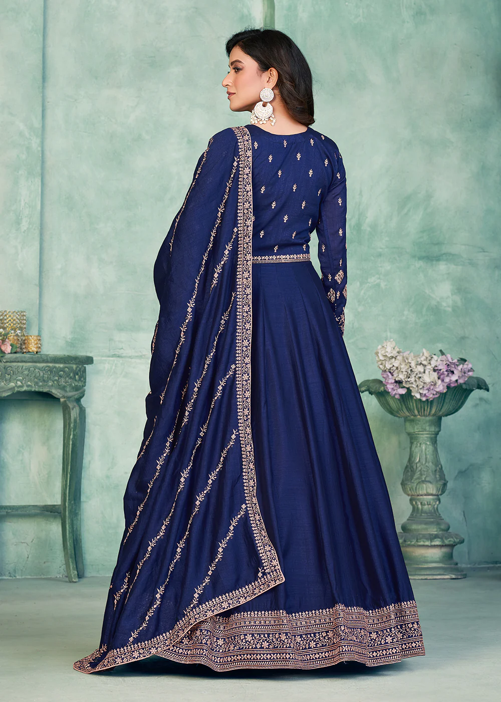 Tempting Navy Blue Art Silk Festive Style Anarkali Suit - Image 2