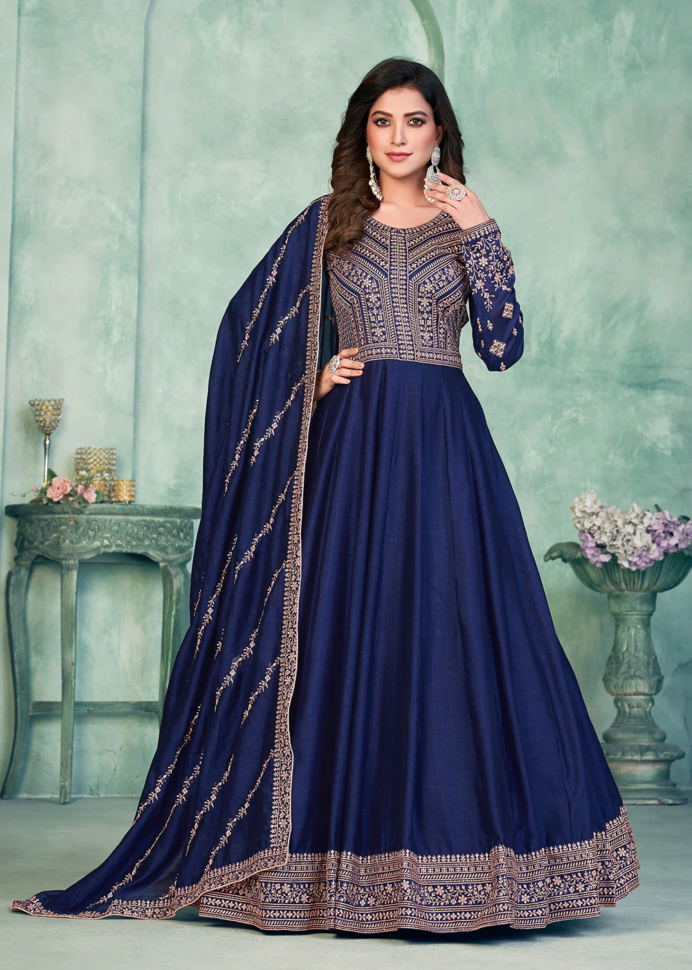 Tempting Navy Blue Art Silk Festive Style Anarkali Suit - Image 3