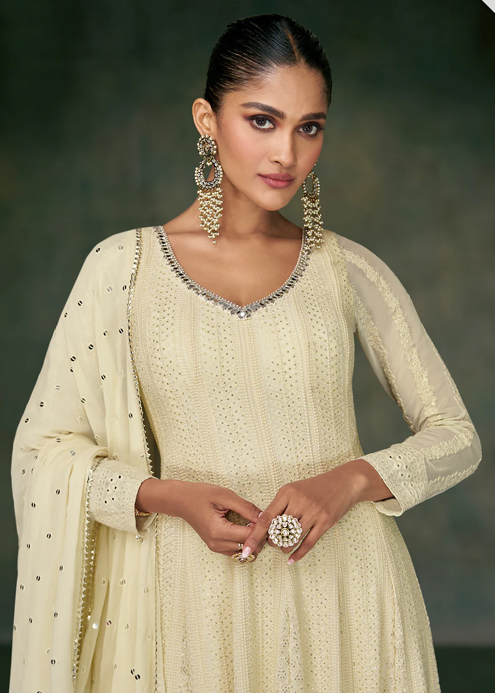 Tempting Off White Georgette Embroidered Wedding Anarkali Suit - Image 2
