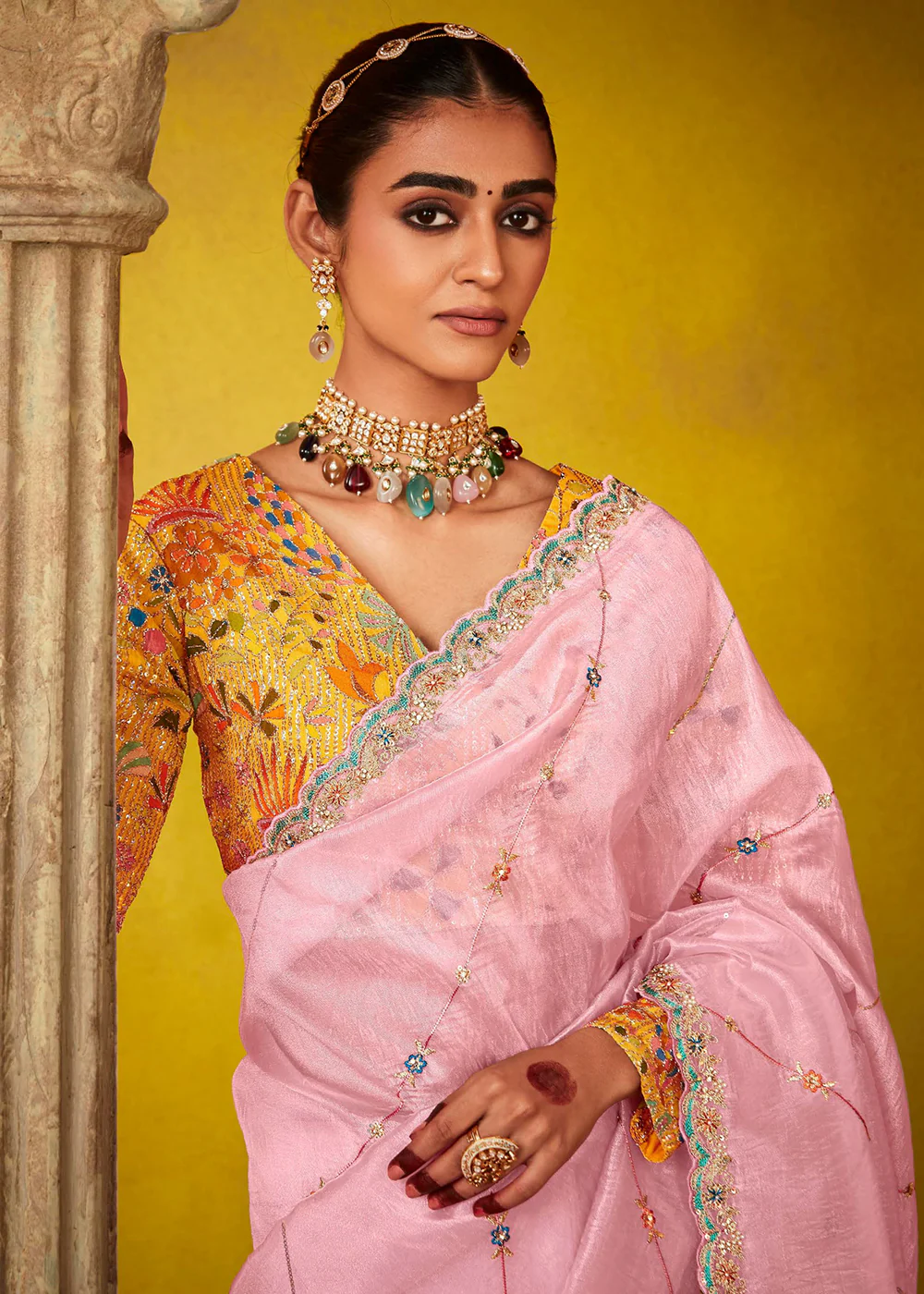 Tempting Pink & Yellow Fancy Silk Festive Wear Saree - Image 2