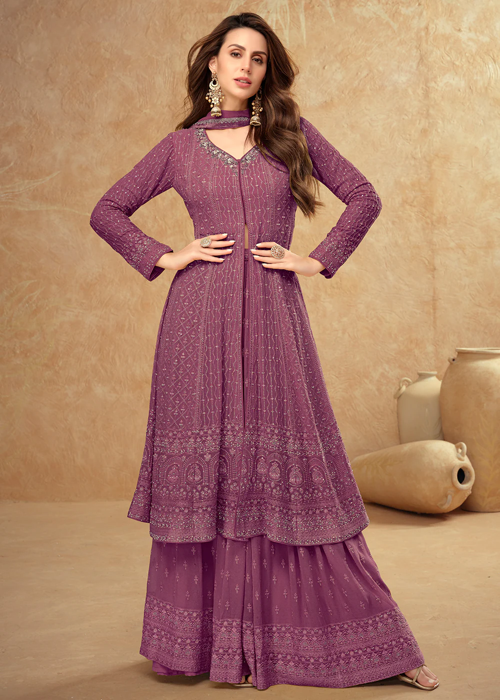 Tempting Purple Georgette Wedding Sharara Suit