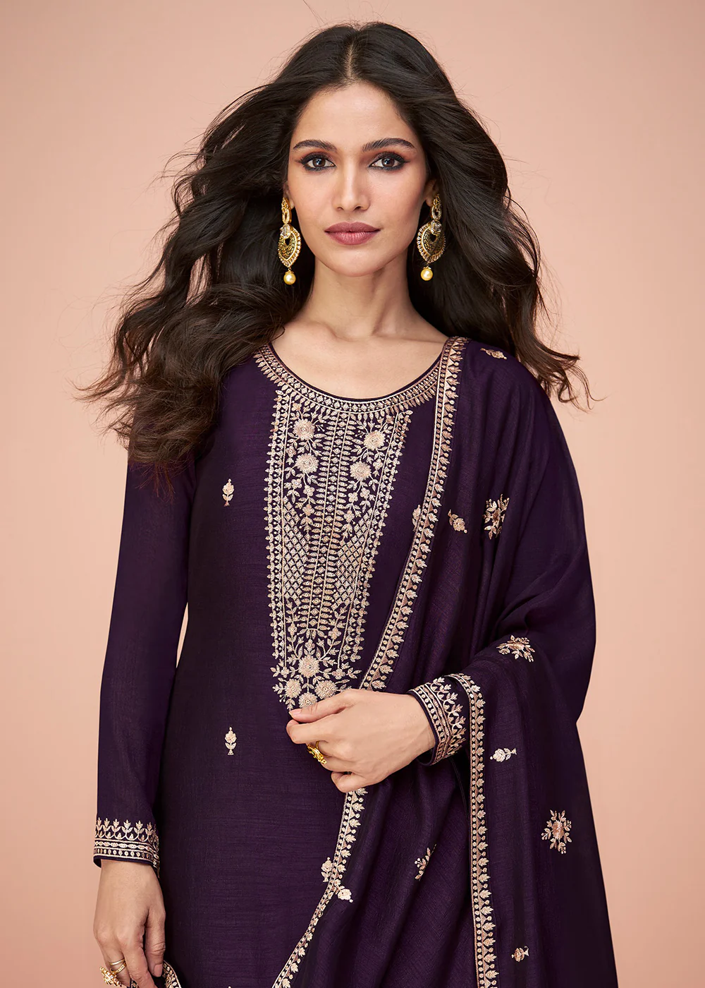 Tempting Purple Silk Embroidered Palazzo Salwar Suit - Image 2