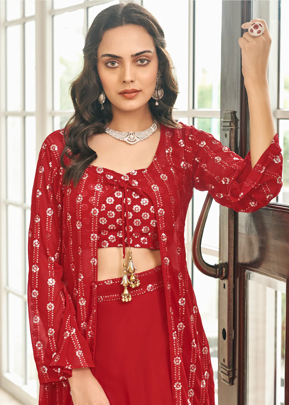 Tempting Red 3 Piece Sequins Embroidered Palazzo Suit - Image 2