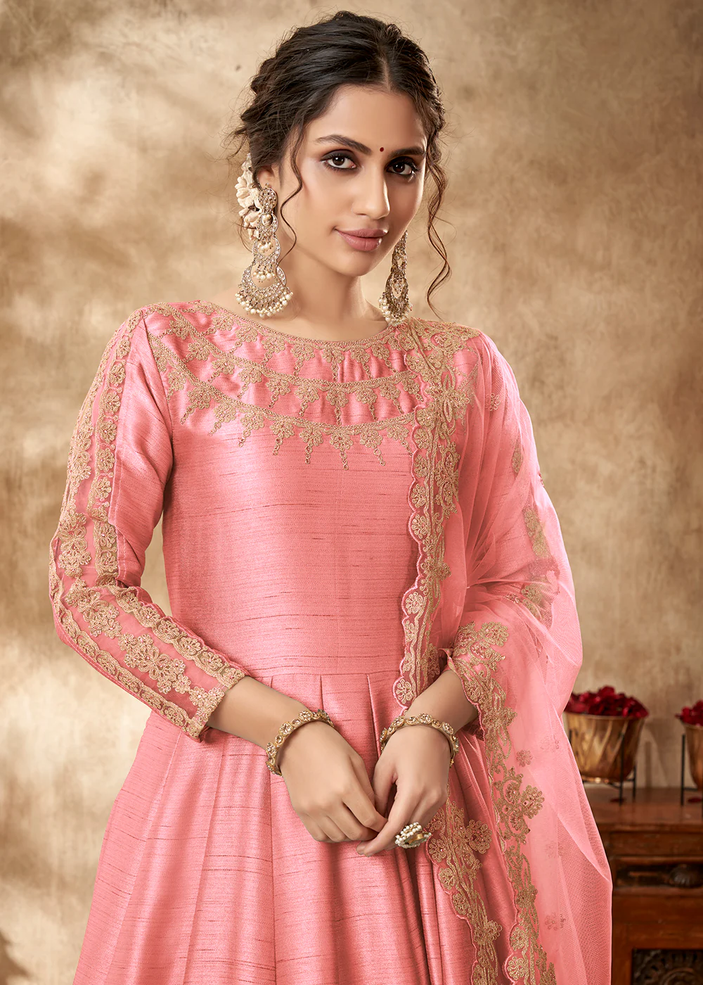Tempting Salmon Pink Art Silk Zari Embroidered Festive Anarkali Gown - Image 2