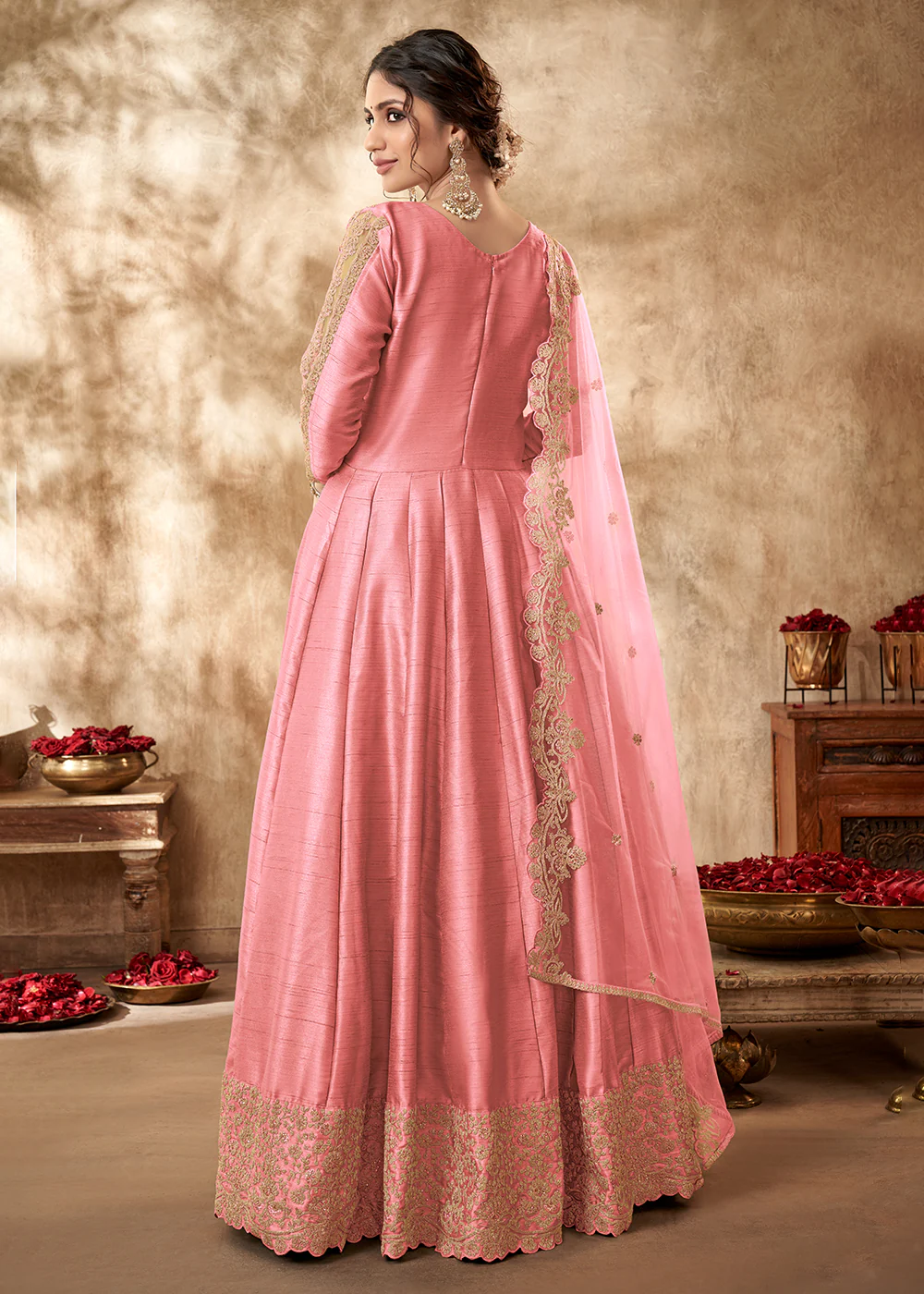 Tempting Salmon Pink Art Silk Zari Embroidered Festive Anarkali Gown - Image 3