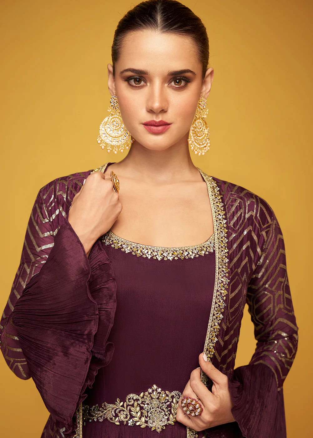 Tempting Wine Chinon Fabric Jacket Style Designer Anarkali Gown - Image 2