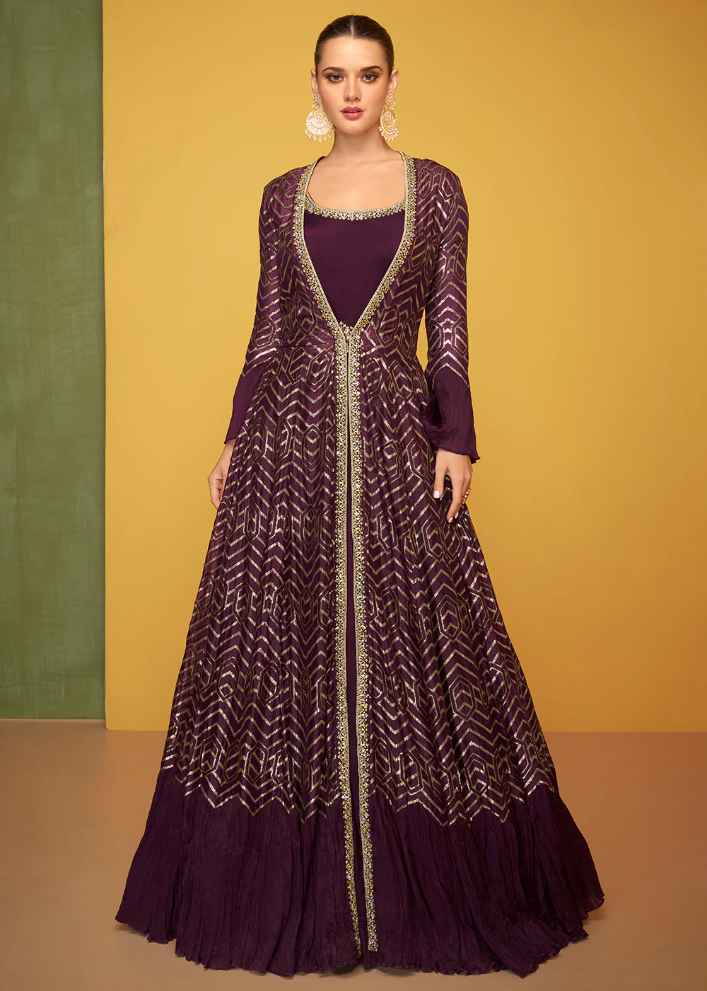 Tempting Wine Chinon Fabric Jacket Style Designer Anarkali Gown