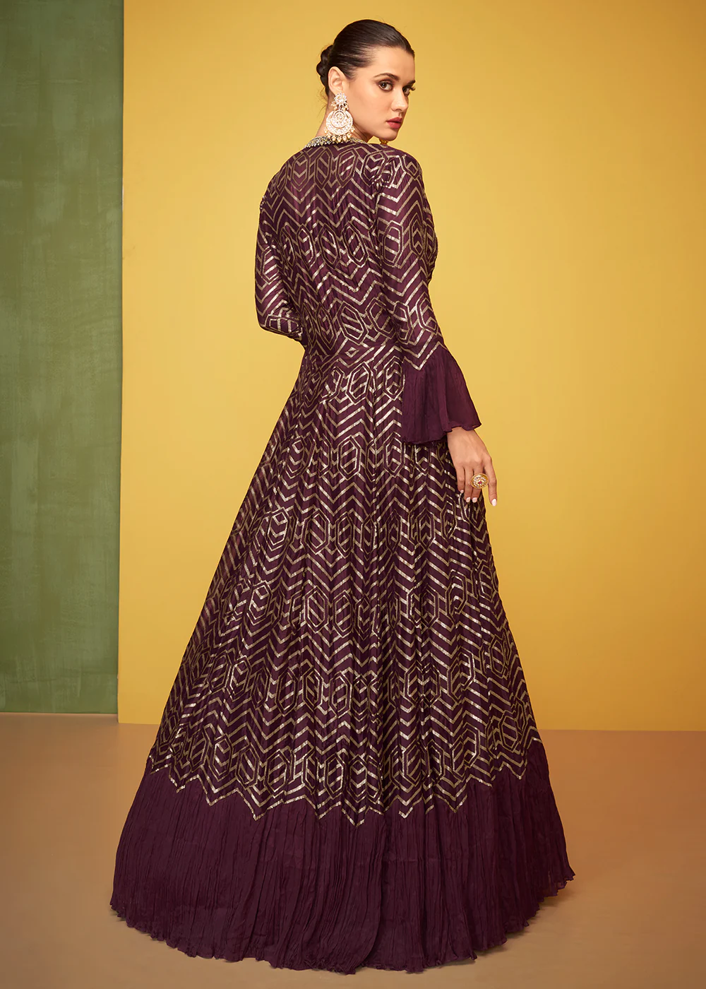 Tempting Wine Chinon Fabric Jacket Style Designer Anarkali Gown - Image 3