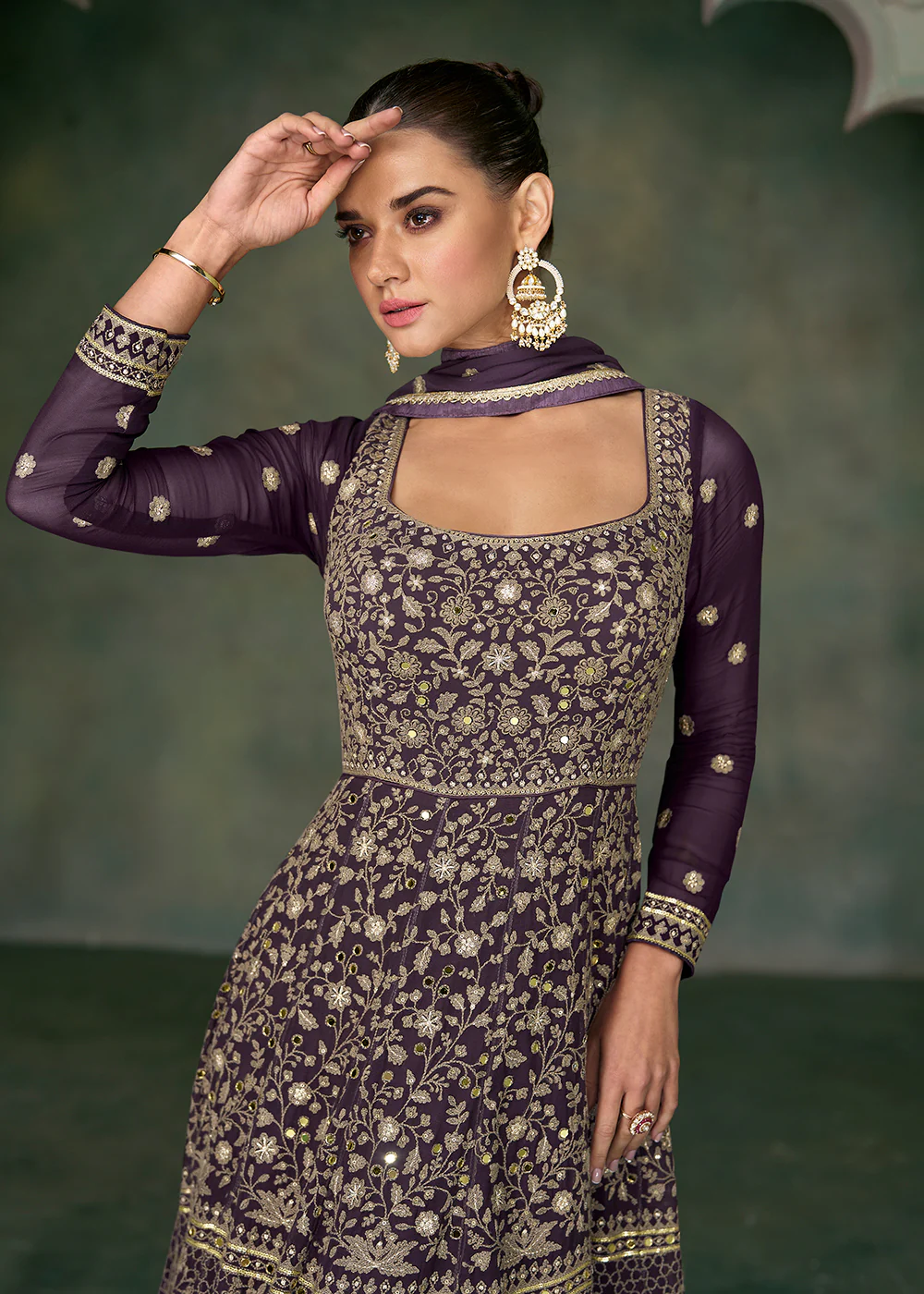 Tempting Wine Georgette Embroidered Wedding Anarkali Suit - Image 2