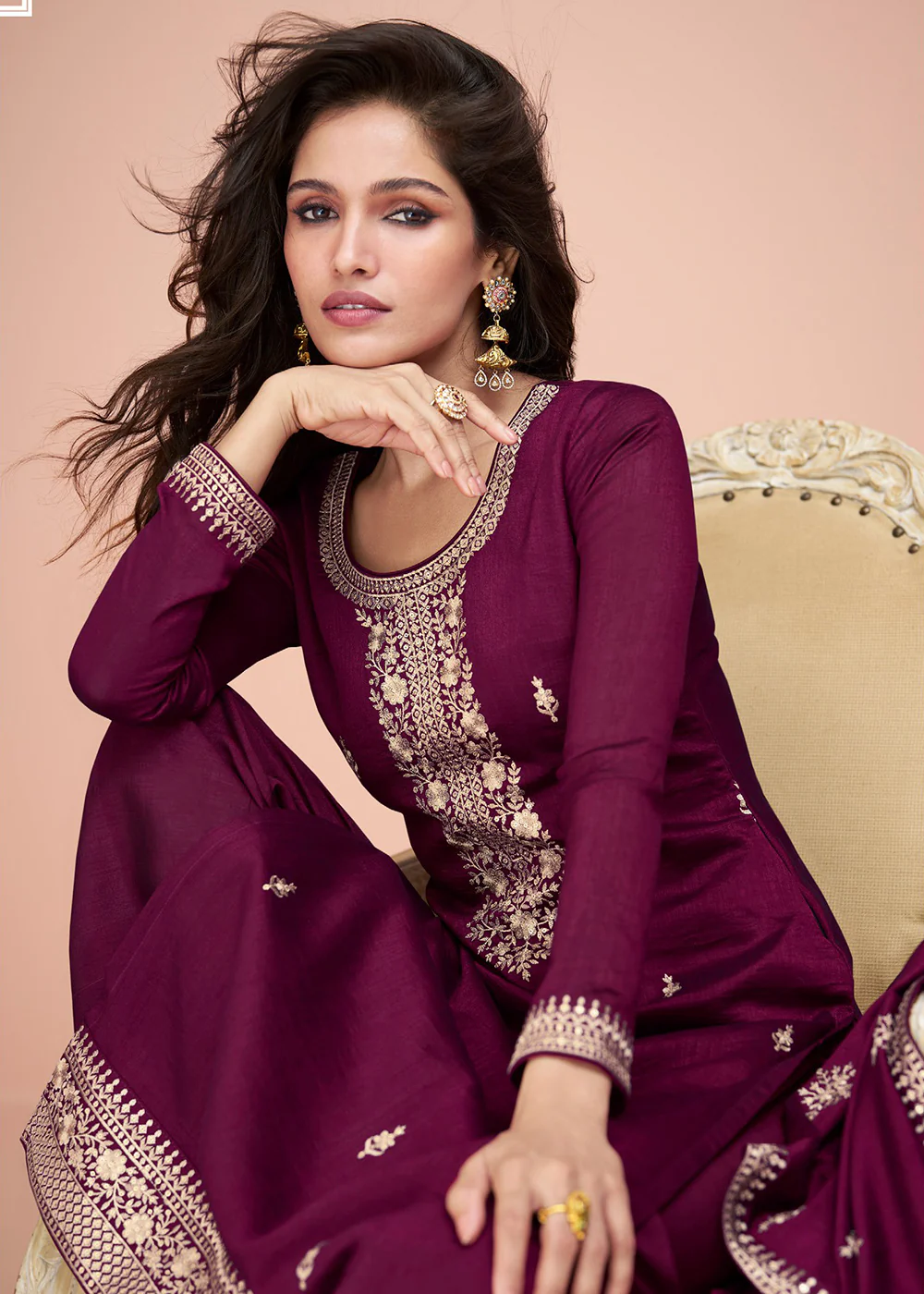 Tempting Wine Silk Embroidered Palazzo Salwar Suit - Image 2