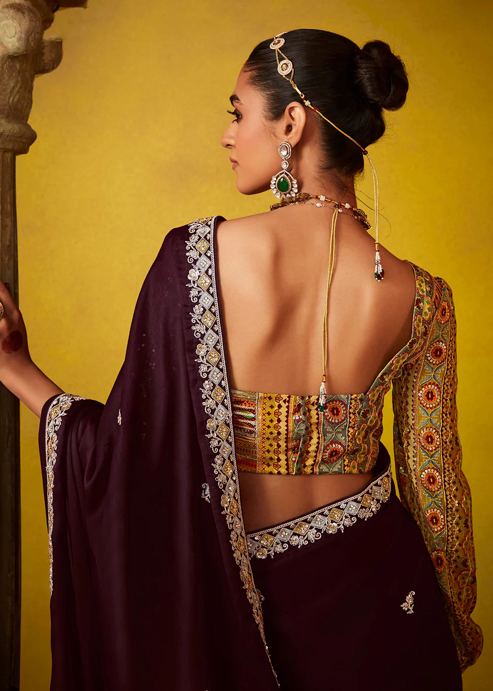 Tempting Wine & Yellow Fancy Silk Festive Wear Saree - Image 3