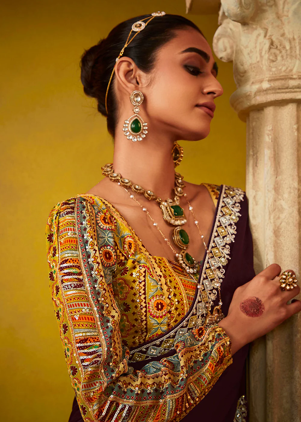 Tempting Wine & Yellow Fancy Silk Festive Wear Saree - Image 4